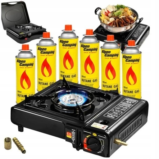 Plynový varič na kempovanie s piezo zapaľovaním + 6ks Alpen plynových kartuší 400 ml